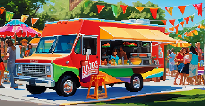 A colorful food truck named Taco Fiesta Truck parked in an outdoor area, showcasing an array of colorful tacos and a salsa bar, with people enjoying their meals.