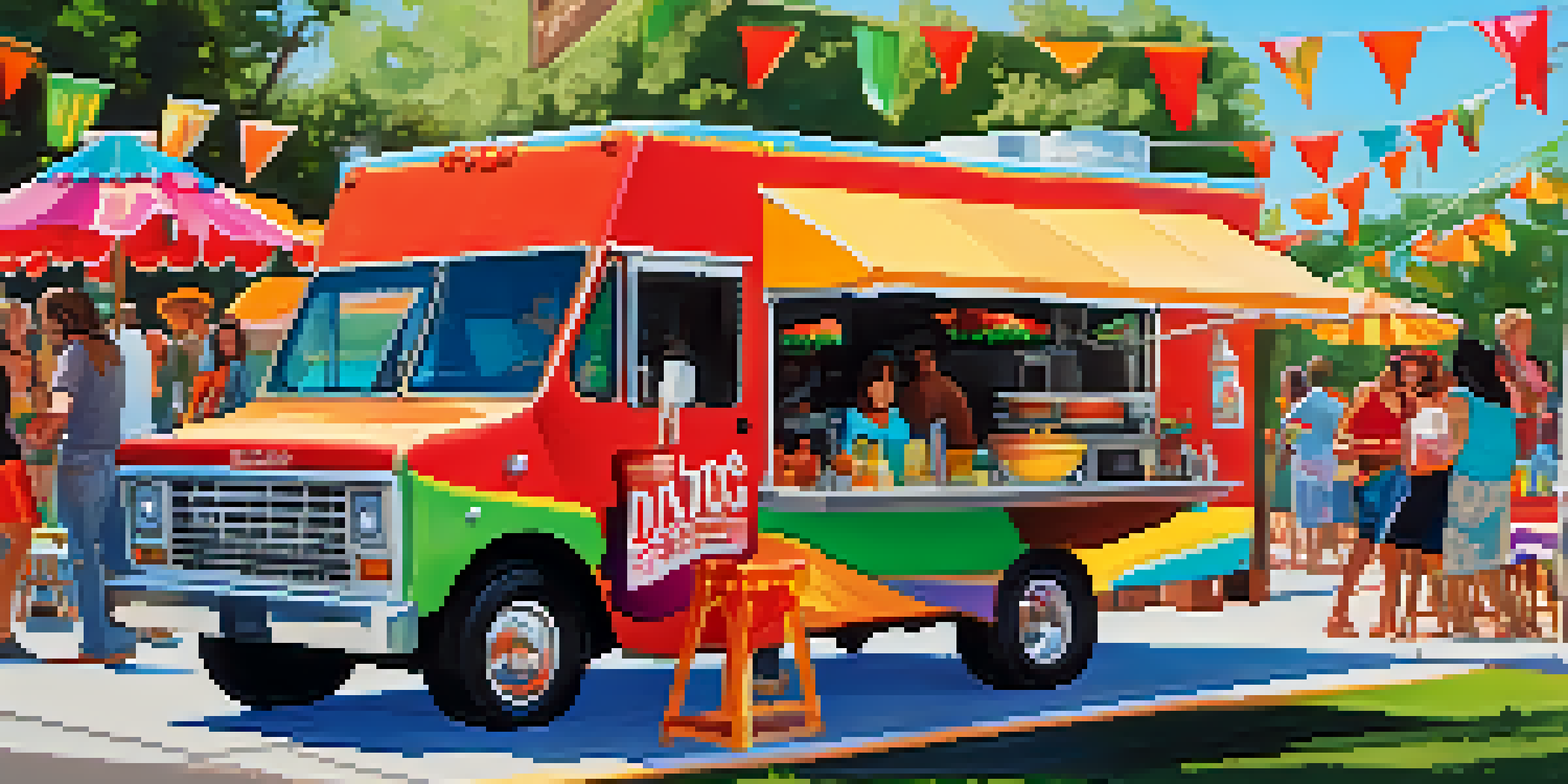 A colorful food truck named Taco Fiesta Truck parked in an outdoor area, showcasing an array of colorful tacos and a salsa bar, with people enjoying their meals.