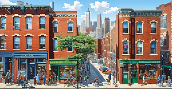 An urban neighborhood showing a blend of historic and modern architecture, with diverse residents and local businesses under sunlight.