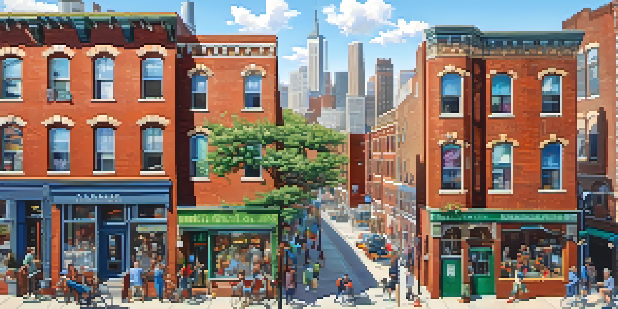 An urban neighborhood showing a blend of historic and modern architecture, with diverse residents and local businesses under sunlight.