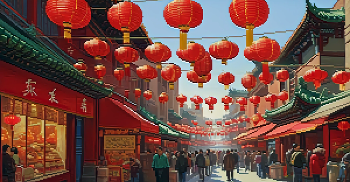 A bustling street in Chinatown, filled with colorful storefronts and people enjoying dim sum, with the Dragon Gate in the background.