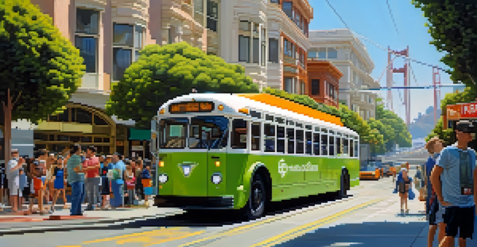 A busy San Francisco street with an electric bus, people at a transit stop, and the Golden Gate Bridge in the background under a clear blue sky.