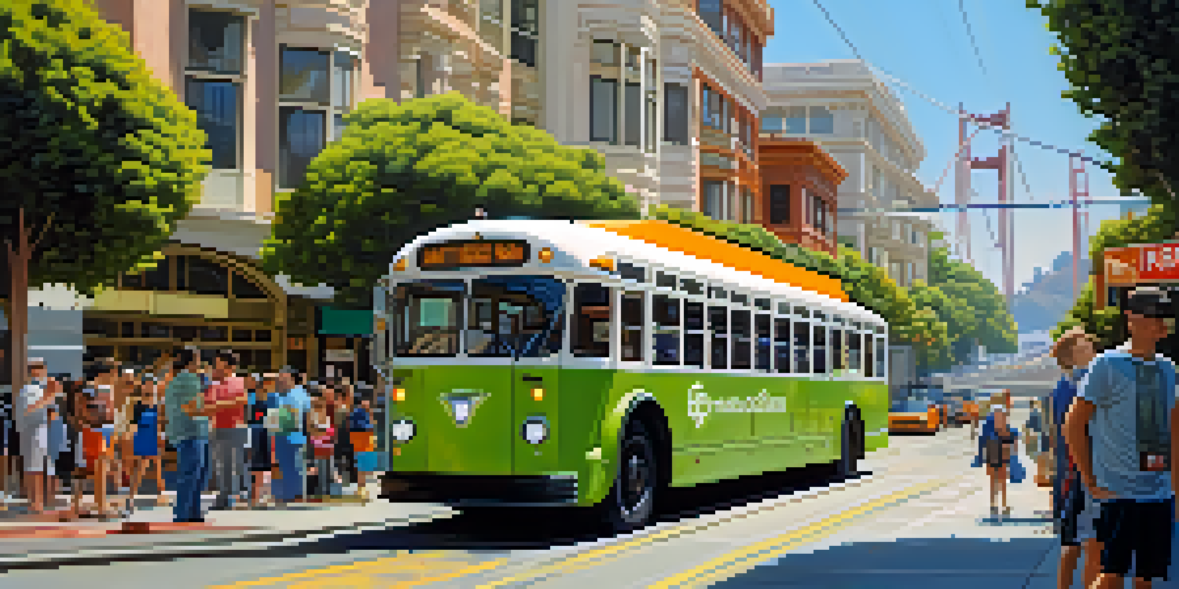 A busy San Francisco street with an electric bus, people at a transit stop, and the Golden Gate Bridge in the background under a clear blue sky.
