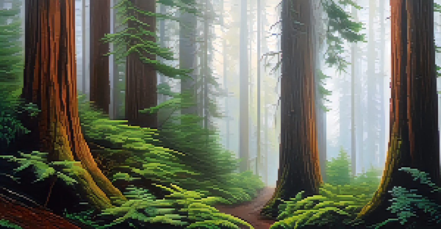 A serene forest scene with coastal redwoods surrounded by swirling fog, highlighting the trees' height and green foliage.
