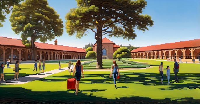 A wide view of Stanford University featuring red-tiled roofs, green lawns, and students in a bright sunny atmosphere.