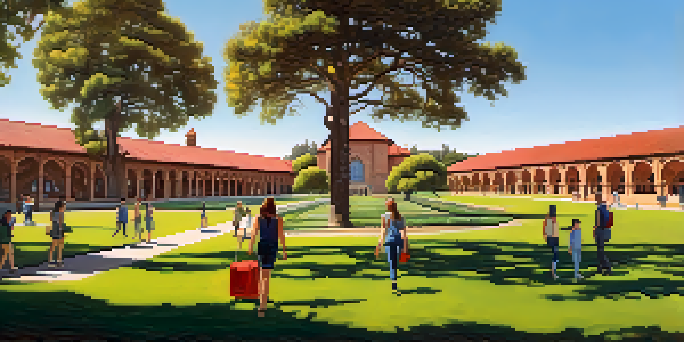 A wide view of Stanford University featuring red-tiled roofs, green lawns, and students in a bright sunny atmosphere.