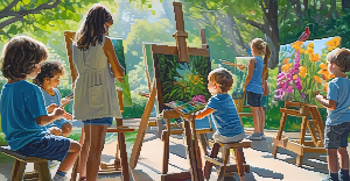 Children engaged in an outdoor art workshop, painting with local artists in a sunlit park filled with greenery and flowers.