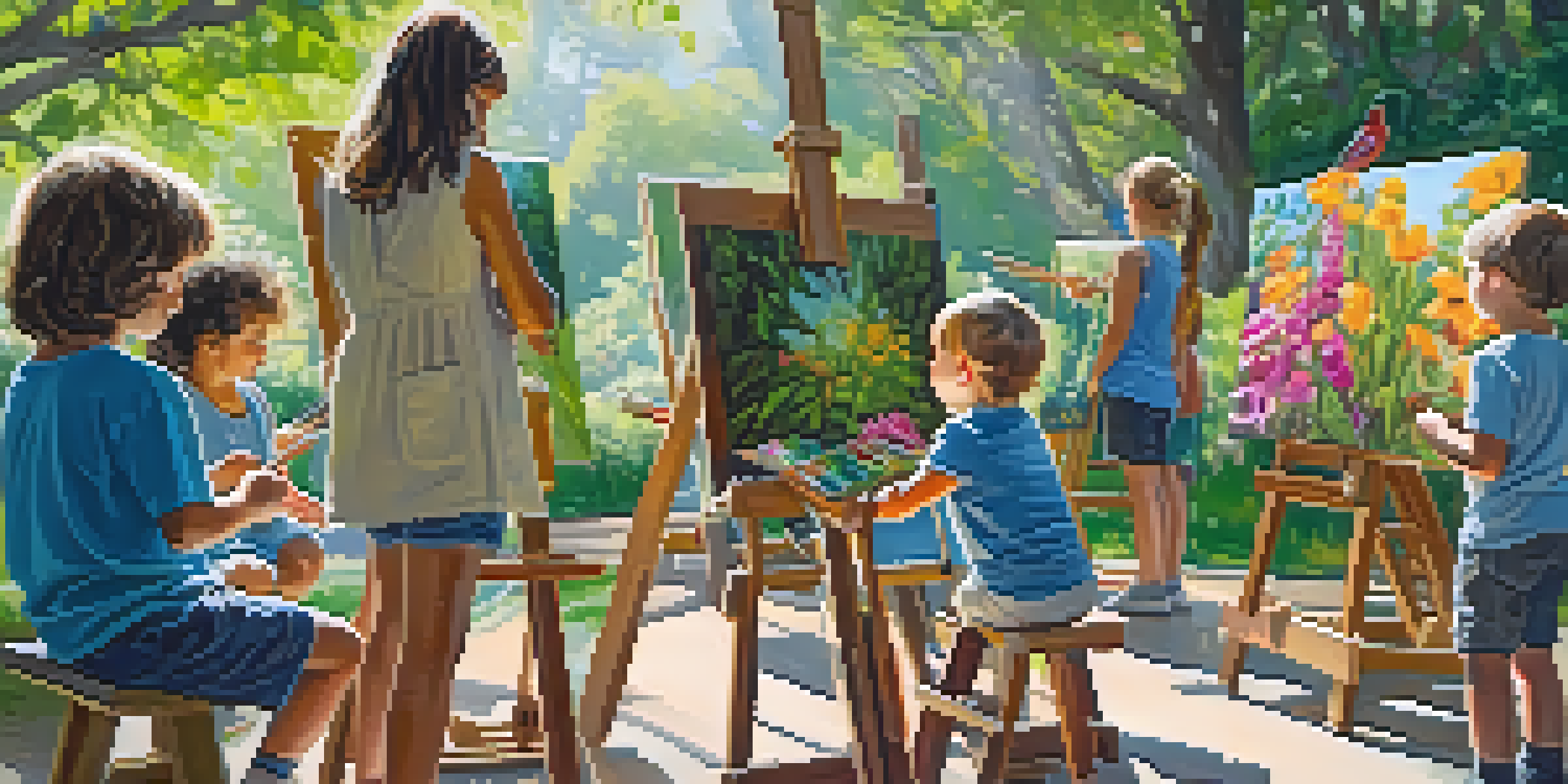 Children engaged in an outdoor art workshop, painting with local artists in a sunlit park filled with greenery and flowers.