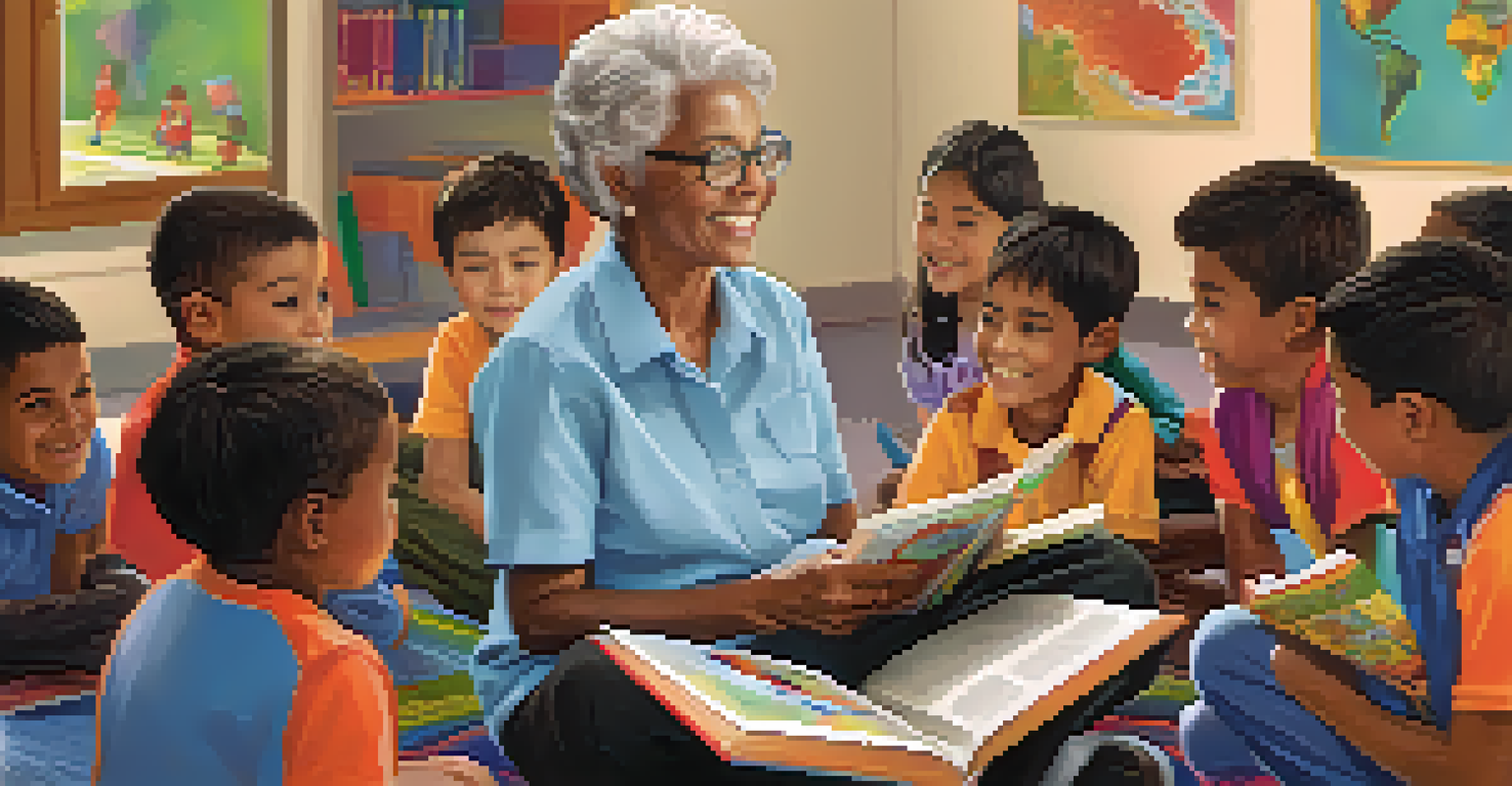 A senior volunteer reading to children in a colorful classroom, with books and educational materials around.