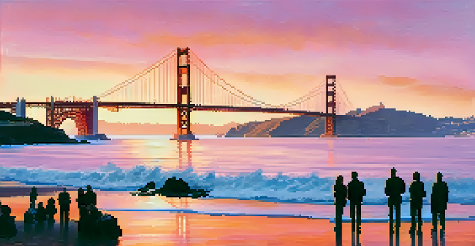 A sunset view of the Golden Gate Bridge with silhouettes of tourists in the foreground and the San Francisco skyline in the background.