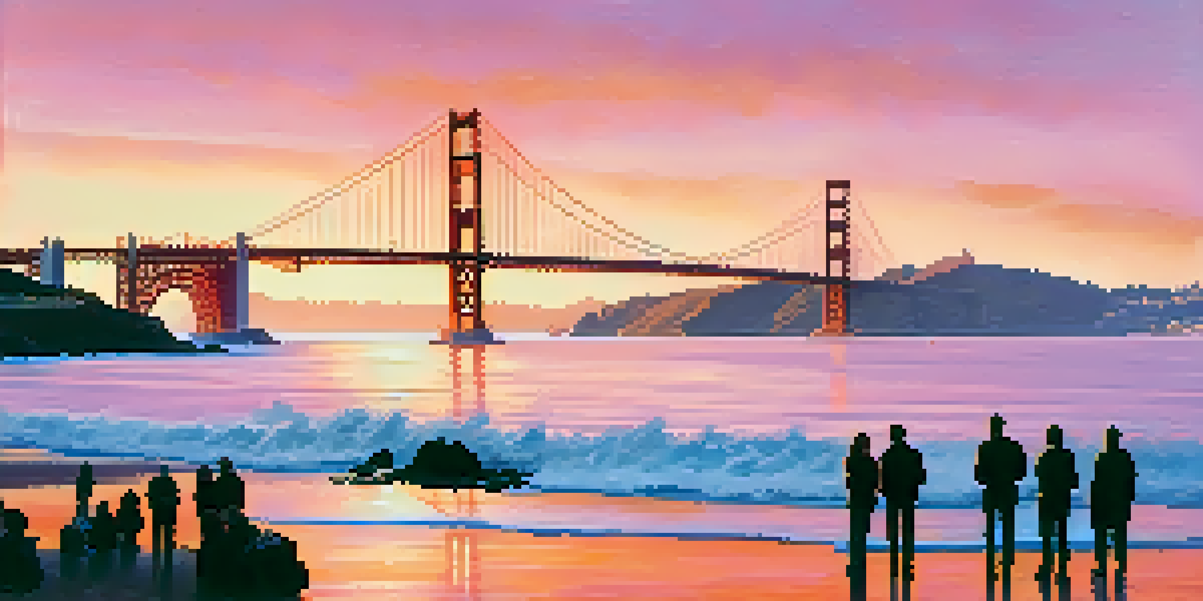 A sunset view of the Golden Gate Bridge with silhouettes of tourists in the foreground and the San Francisco skyline in the background.