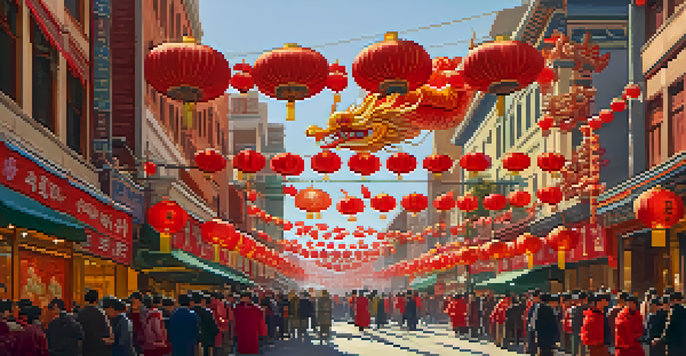A lively scene from Chinatown during the Chinese New Year Parade, showcasing dragon dancers and red lanterns, with a crowd of diverse spectators.
