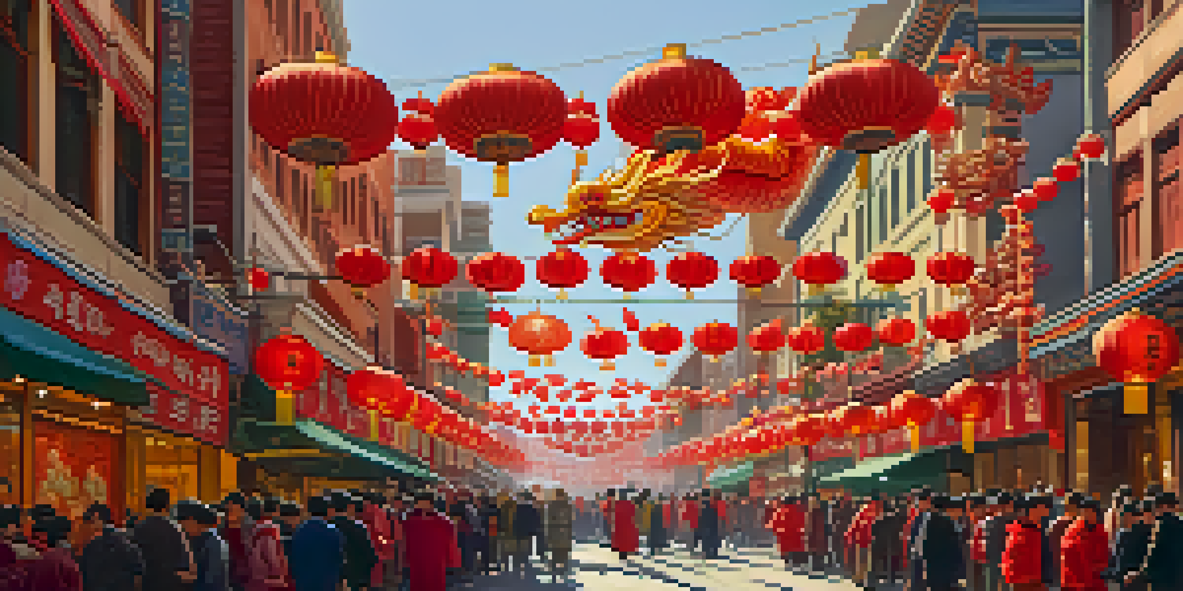 A lively scene from Chinatown during the Chinese New Year Parade, showcasing dragon dancers and red lanterns, with a crowd of diverse spectators.