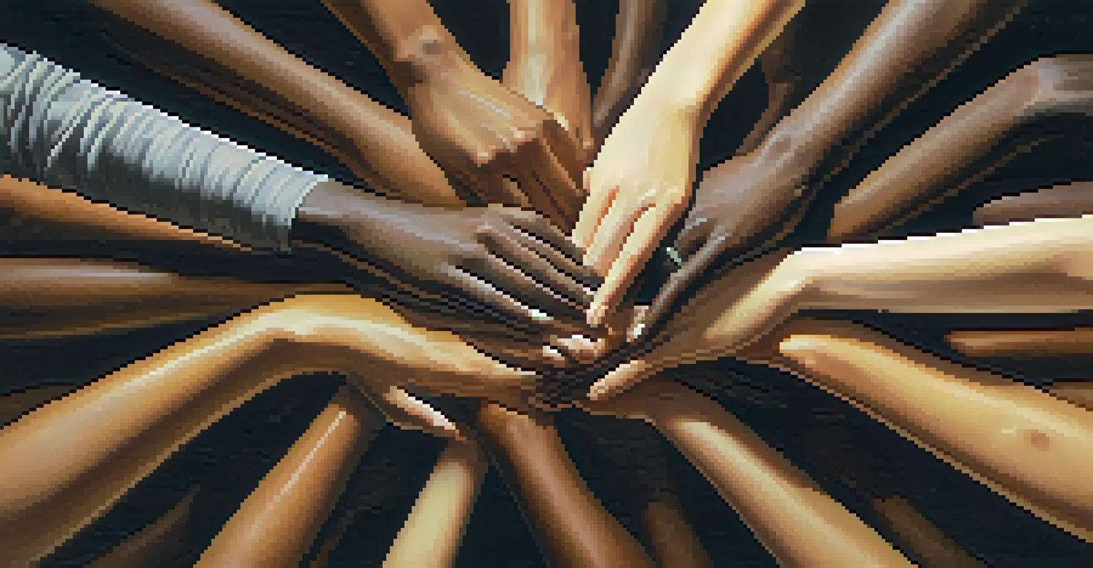 Close-up of diverse hands joined together in solidarity, symbolizing unity and togetherness, with a soft blurred background.