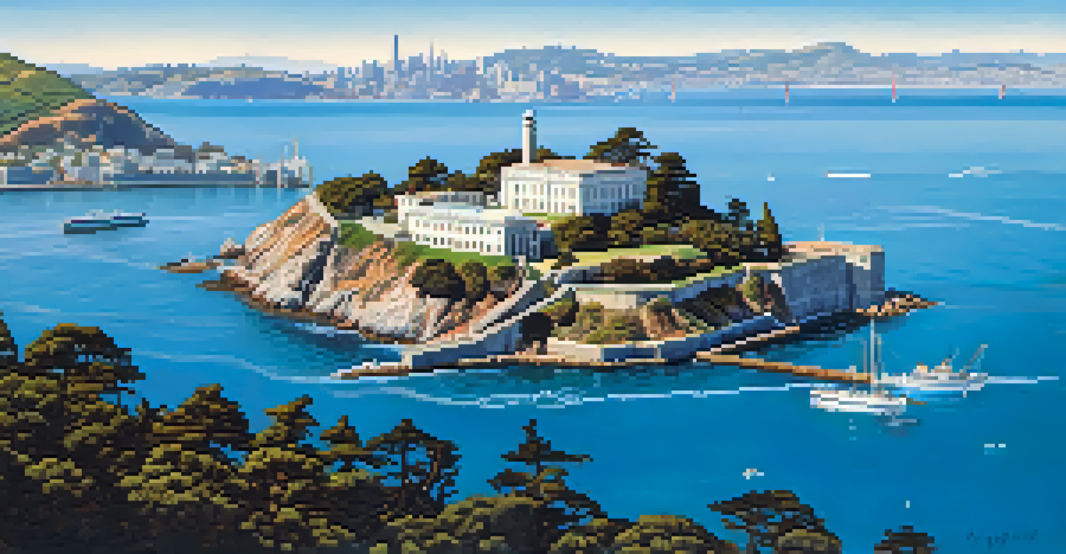 Aerial view of Alcatraz Island with historic prison buildings and the San Francisco skyline in the background.