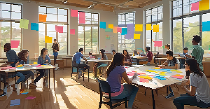 A vibrant classroom at Stanford University where students of various backgrounds are collaborating on a Design Thinking project, surrounded by colorful sticky notes and prototypes, with natural light illuminating the space.
