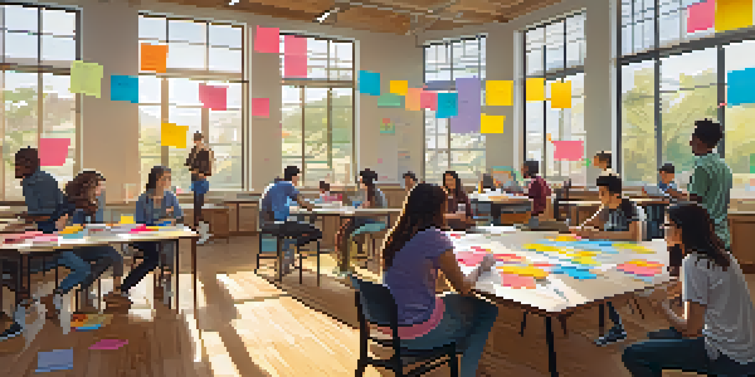 A vibrant classroom at Stanford University where students of various backgrounds are collaborating on a Design Thinking project, surrounded by colorful sticky notes and prototypes, with natural light illuminating the space.