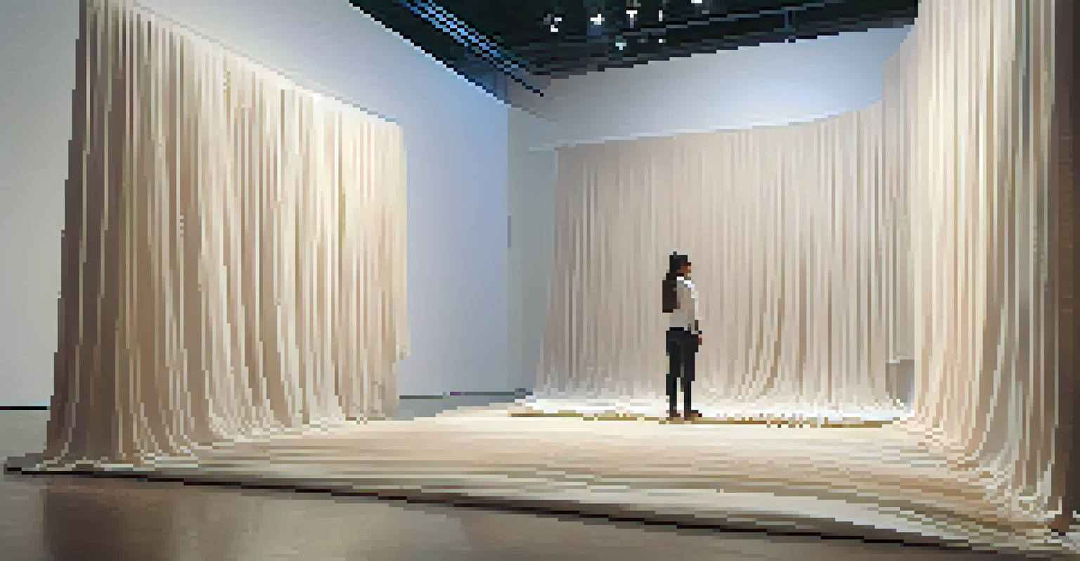 An immersive installation art piece with flowing fabric and soft lighting, inviting viewers to engage and connect.