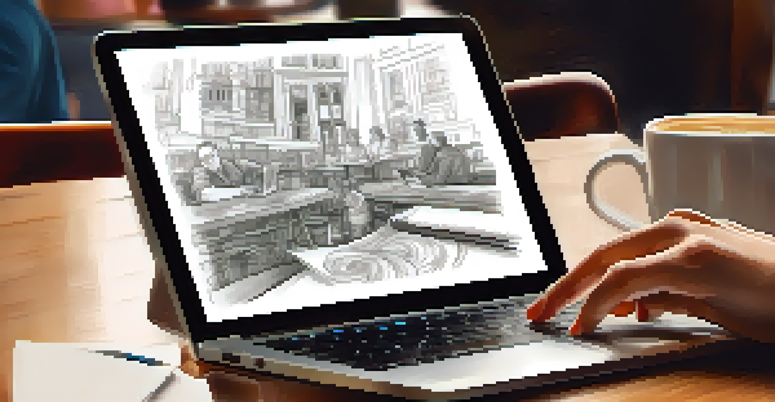 Close-up of hands on a laptop in a cafe, with coffee and a notebook nearby, symbolizing creativity.