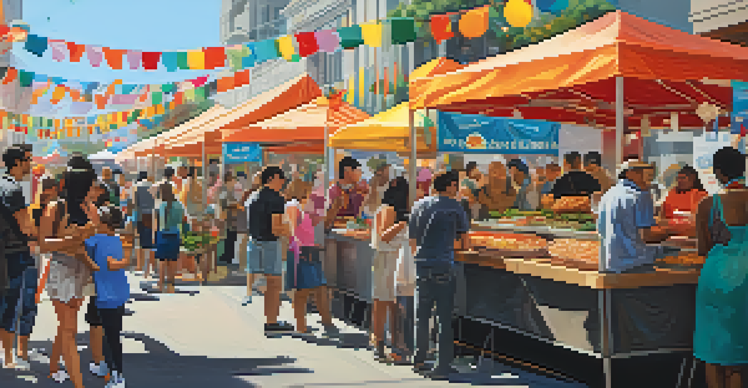 A lively street food festival in San Francisco with various stalls serving fusion dishes, and people enjoying the vibrant atmosphere.