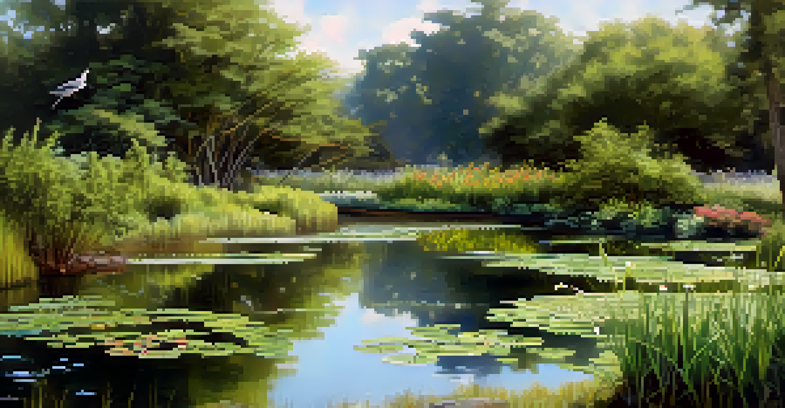A wetland restoration project in a botanical garden with native plants, a calm water body, and birds in the surrounding area.