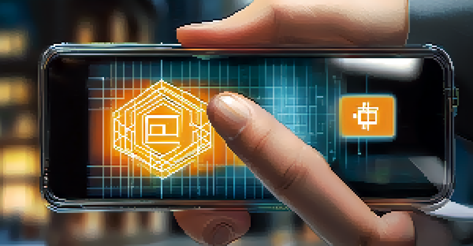 A close-up of a hand holding a smartphone with a blockchain transaction screen, set in a modern office background.