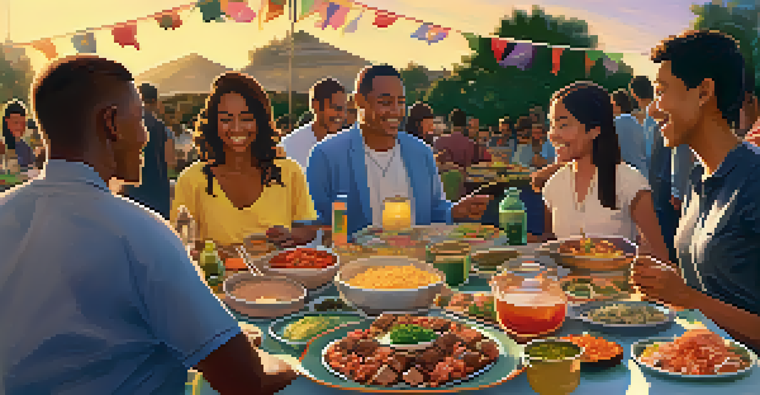 A diverse group of people sharing traditional dishes at a community potluck with colorful flags and a sunset background.