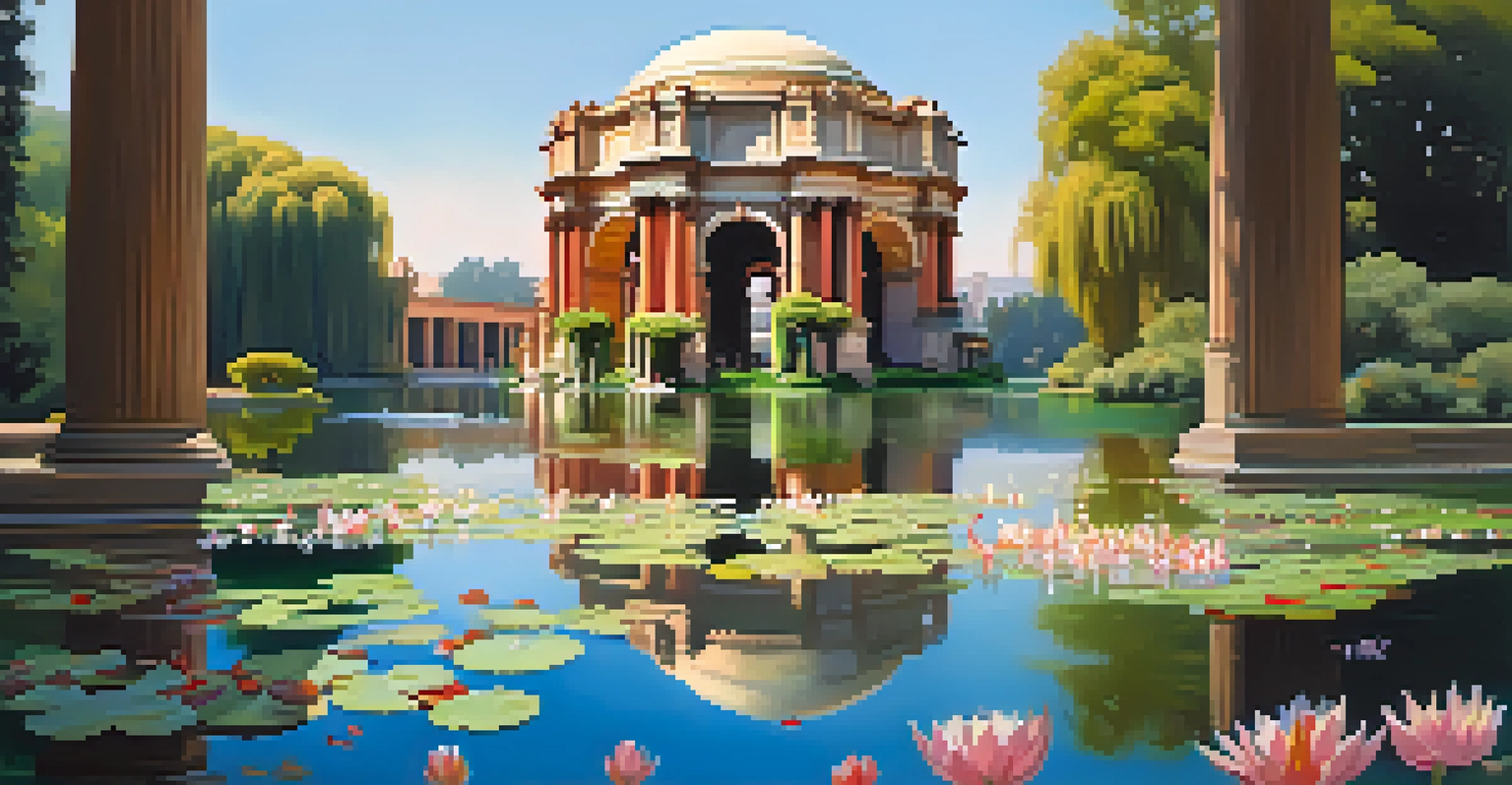 The Palace of Fine Arts with its classical architecture reflected in a tranquil lagoon, surrounded by greenery and flowers.