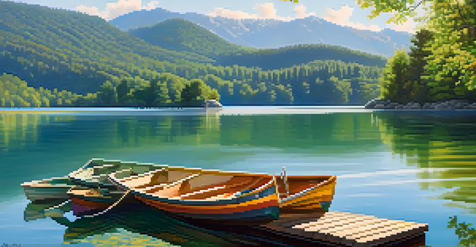 A tranquil lake scene with green trees, mountains, and a wooden pier with boats.