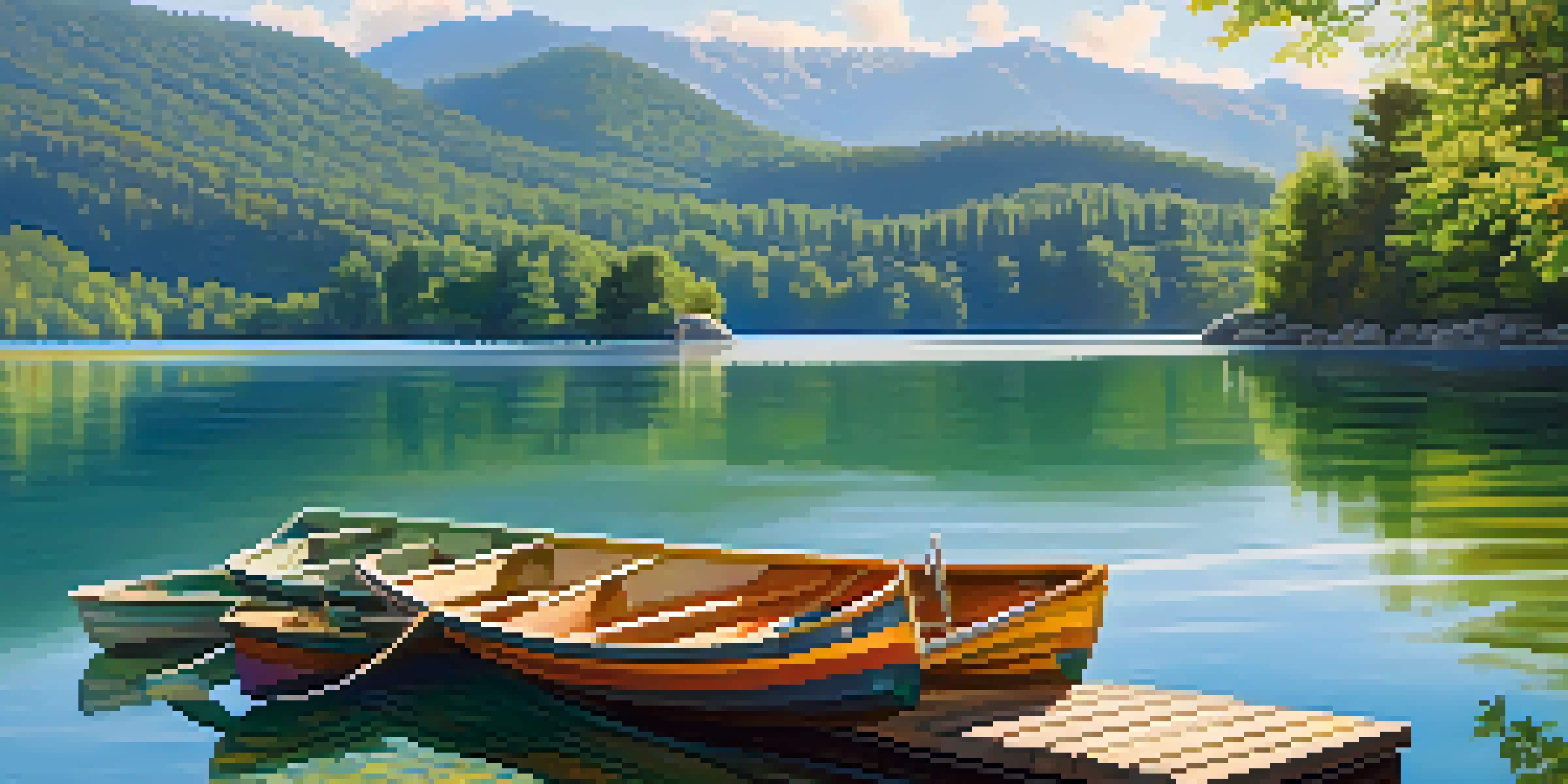 A tranquil lake scene with green trees, mountains, and a wooden pier with boats.
