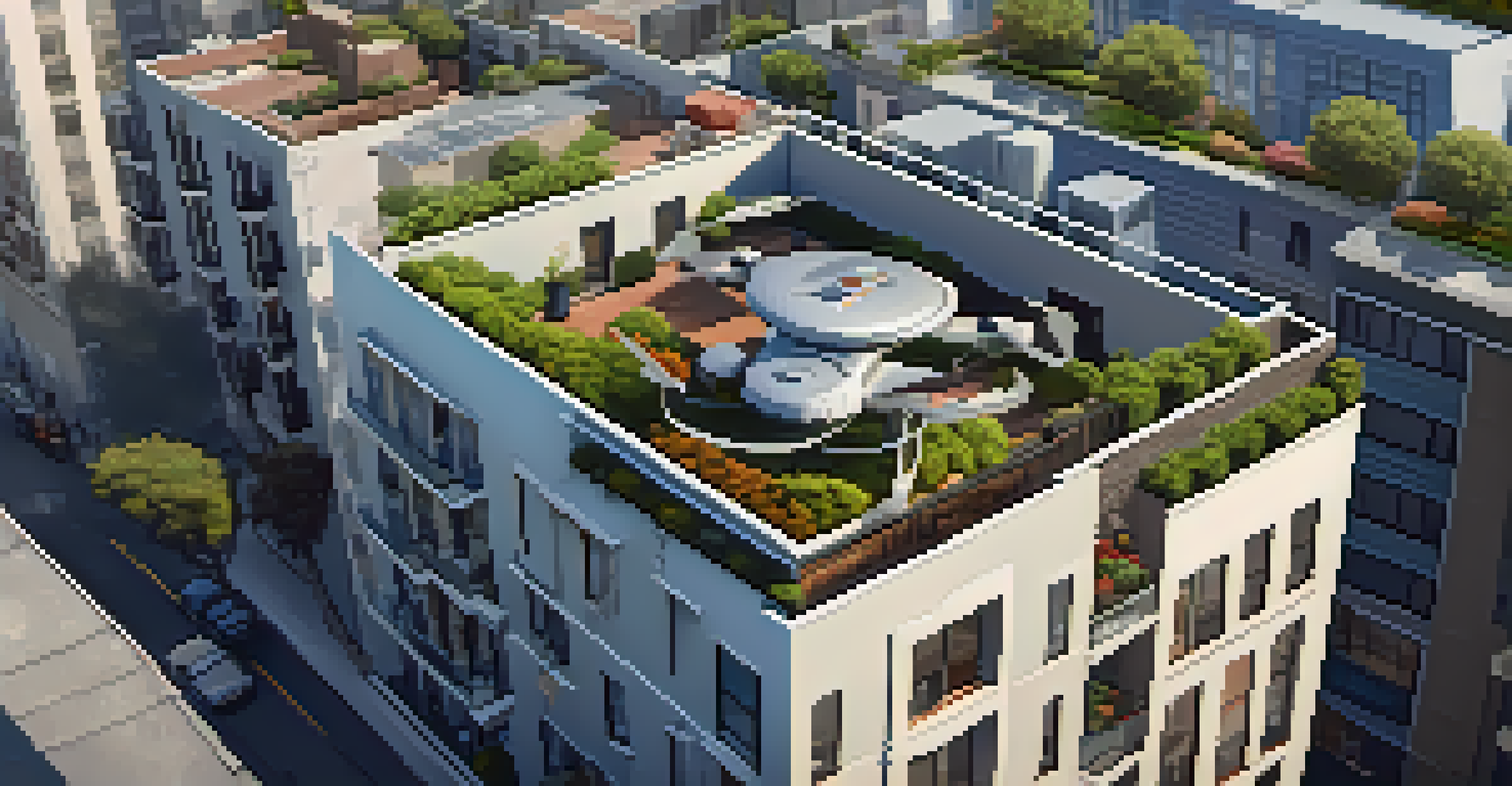 Aerial view of a drone delivering a package to an apartment balcony in a San Francisco neighborhood.