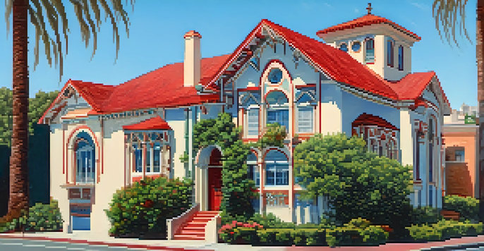 A Mission Revival style building with a red-tiled roof and arched doorways, surrounded by greenery and flowers under a clear blue sky.