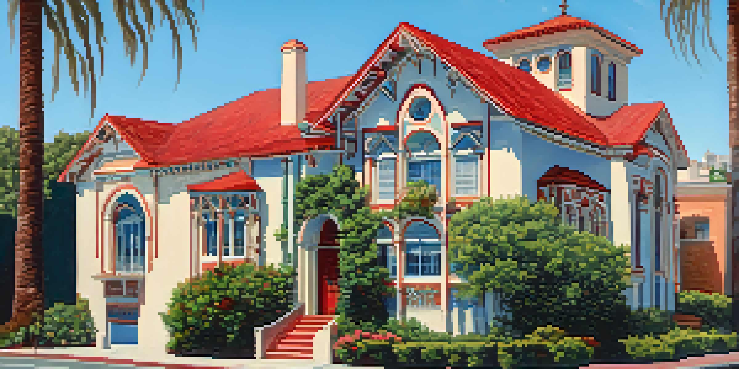 A Mission Revival style building with a red-tiled roof and arched doorways, surrounded by greenery and flowers under a clear blue sky.