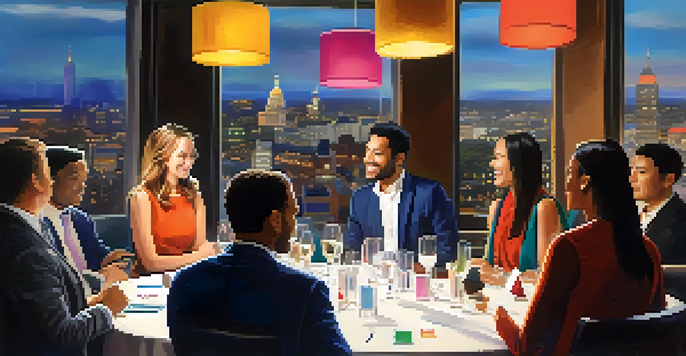 A diverse group of professionals networking at an event, with colorful banners and warm lighting creating an inviting atmosphere.