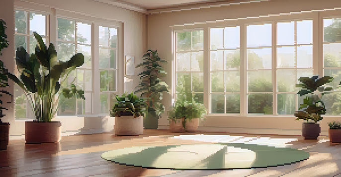 A peaceful yoga studio with mats arranged in a circle and natural light coming through large windows, surrounded by potted plants.