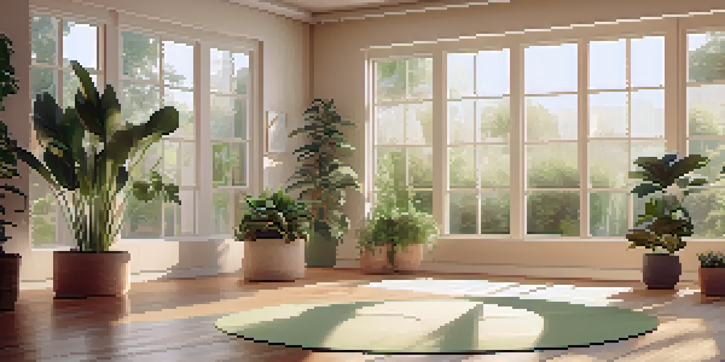 A peaceful yoga studio with mats arranged in a circle and natural light coming through large windows, surrounded by potted plants.
