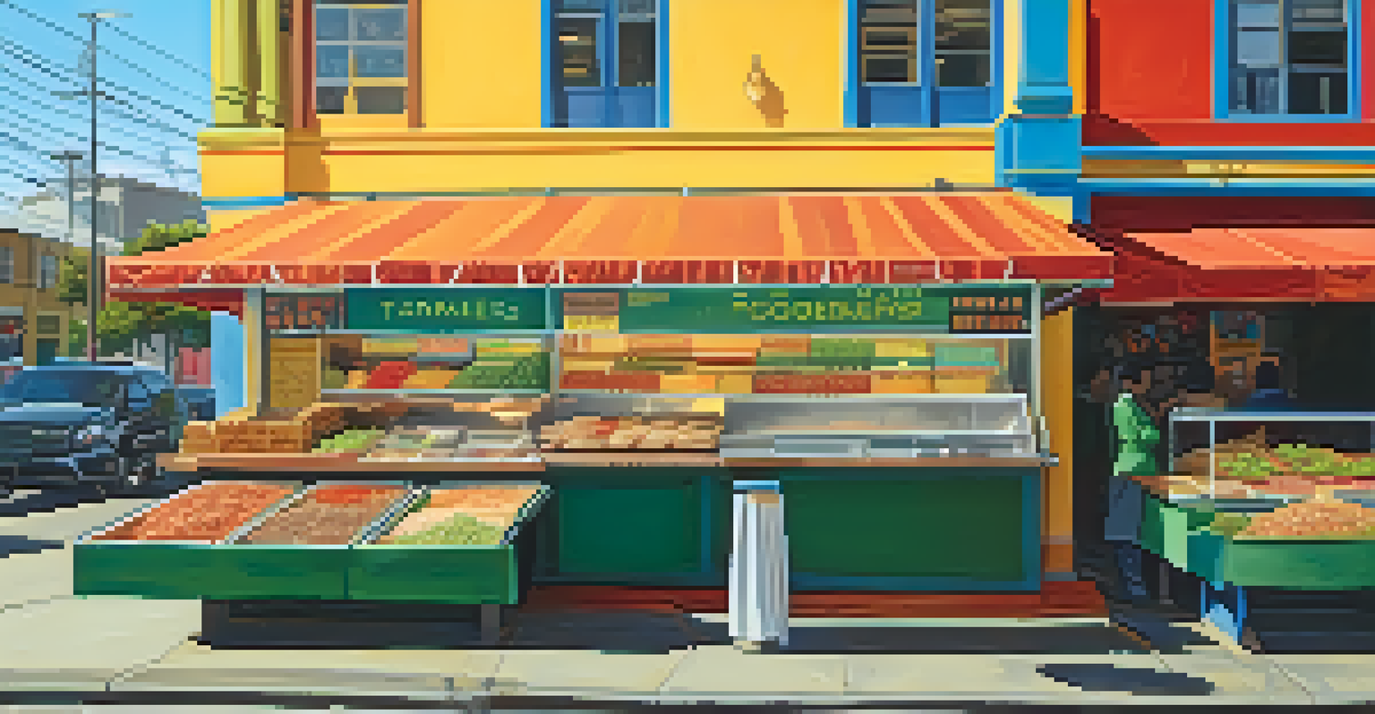 A food market stall showcasing a variety of colorful Latin American dishes and vibrant murals in the background.