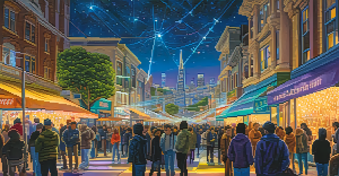 A lively light festival in San Francisco with colorful light installations and a diverse crowd enjoying the evening.