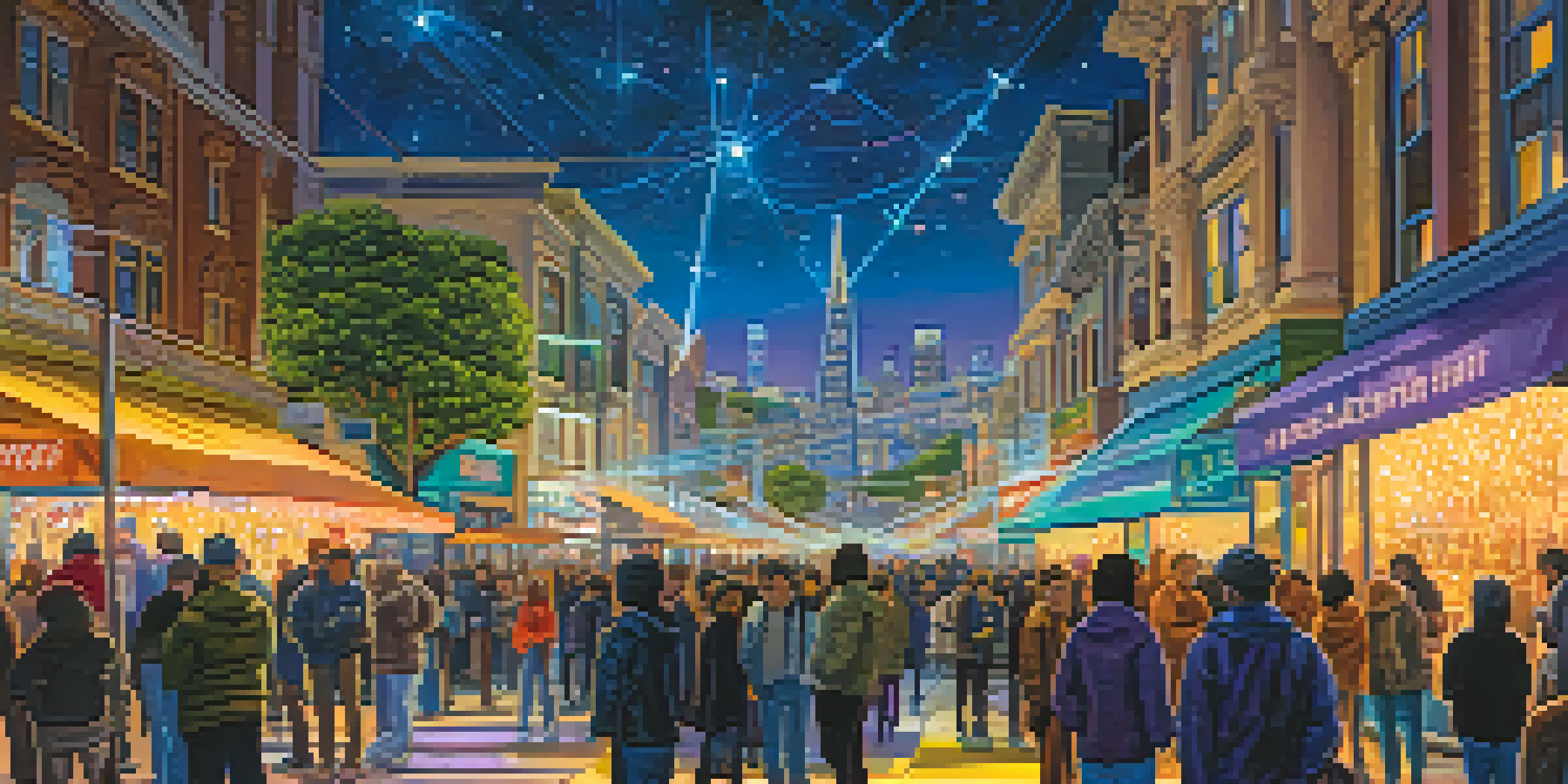 A lively light festival in San Francisco with colorful light installations and a diverse crowd enjoying the evening.