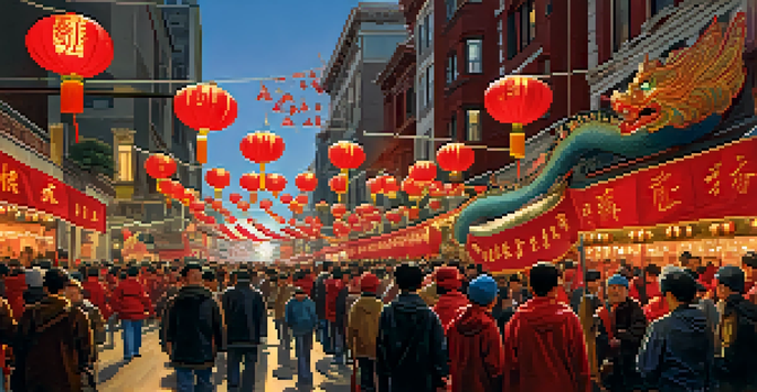 A lively Chinese New Year Parade in Chinatown with colorful floats, dragon dancers, and fireworks amidst a crowd of enthusiastic onlookers.