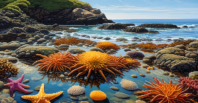 A rocky shoreline at low tide with tidal pools filled with colorful marine life under warm sunlight.