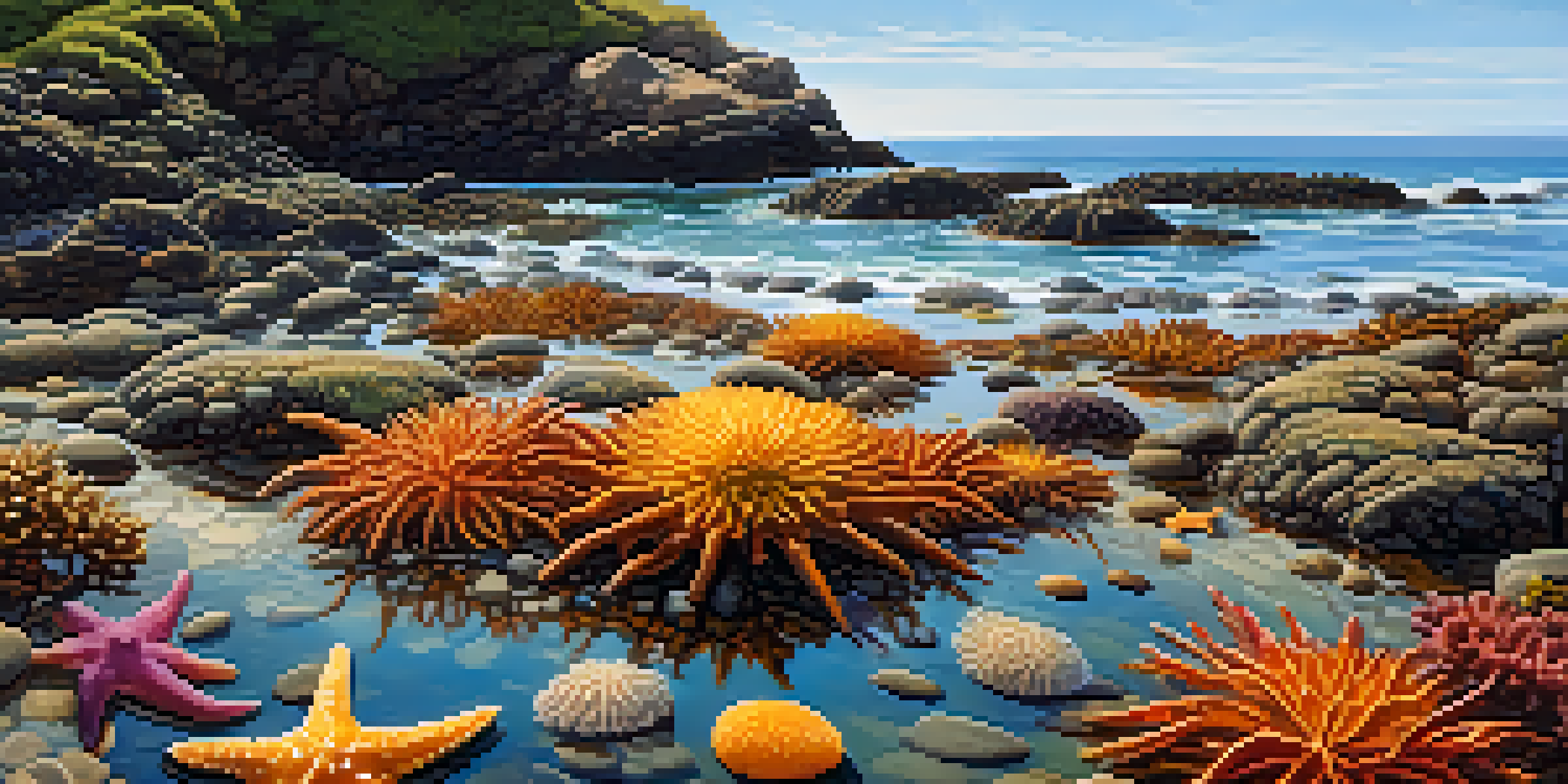 A rocky shoreline at low tide with tidal pools filled with colorful marine life under warm sunlight.