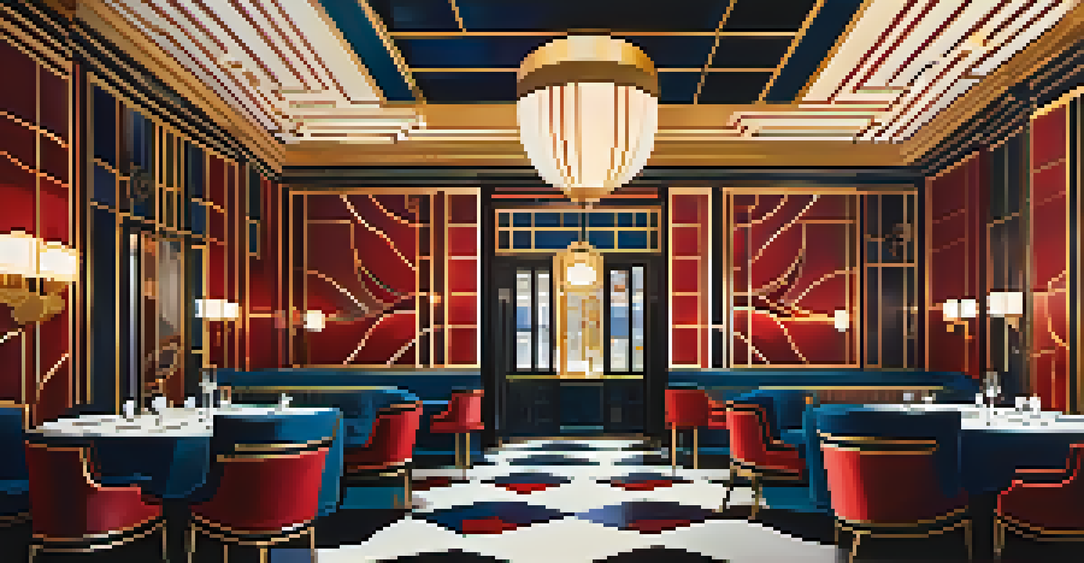 An interior view of a luxurious Art Deco-inspired restaurant in San Francisco, showcasing geometric patterns, elegant seating, and rich colors.