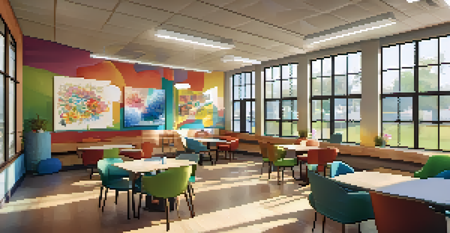 A cozy community center space with people conversing, decorated with colorful art and sunlight pouring in through large windows.