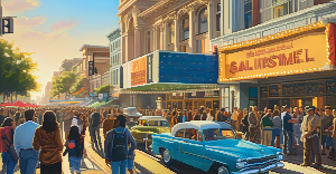 A lively street scene outside a historic theater during the San Francisco International Film Festival, with diverse attendees and colorful decorations.