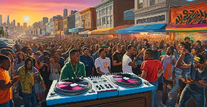 A lively performance scene in San Francisco with hip-hop artists and fans, featuring a DJ and colorful urban graffiti.