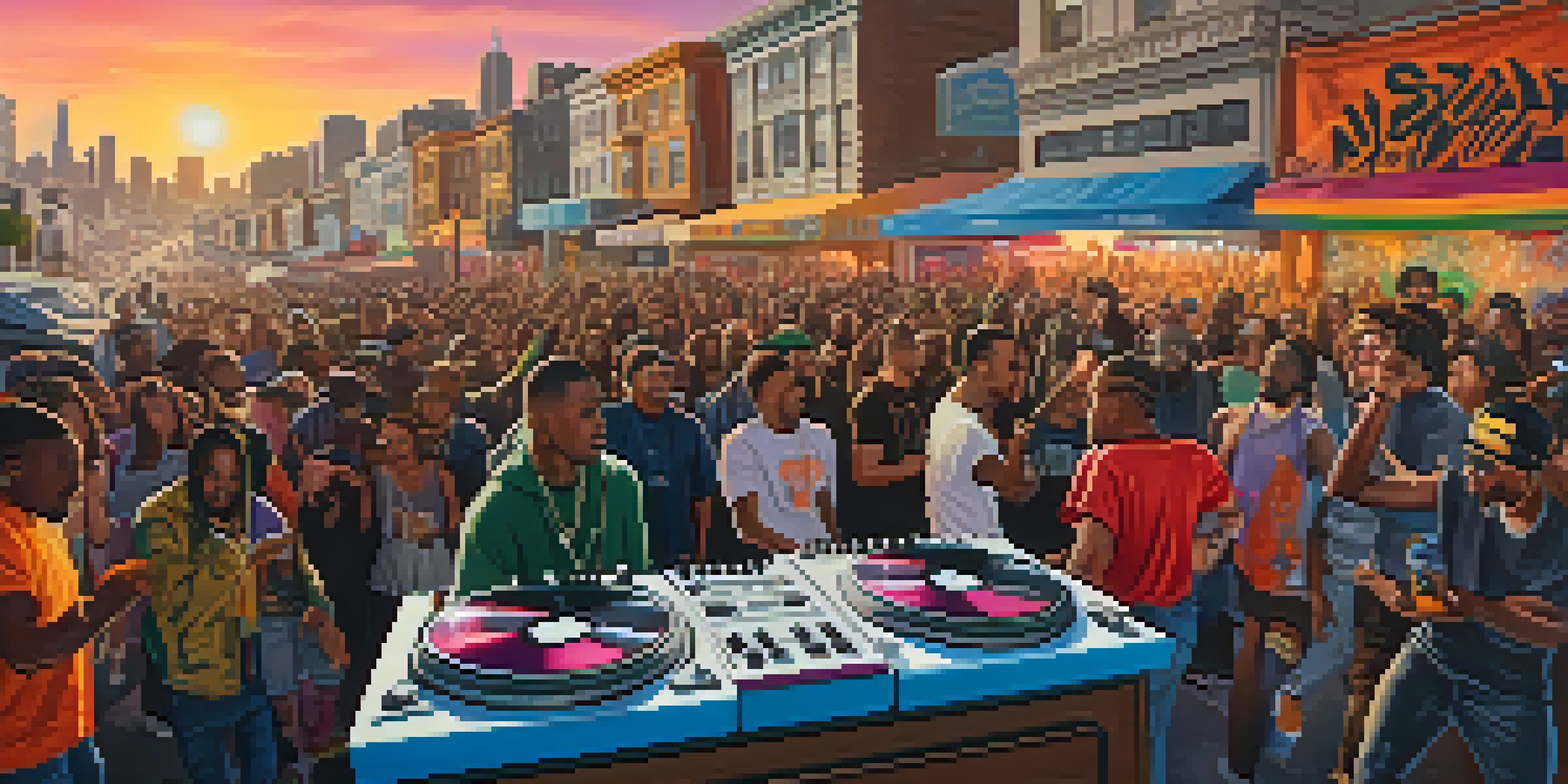 A lively performance scene in San Francisco with hip-hop artists and fans, featuring a DJ and colorful urban graffiti.
