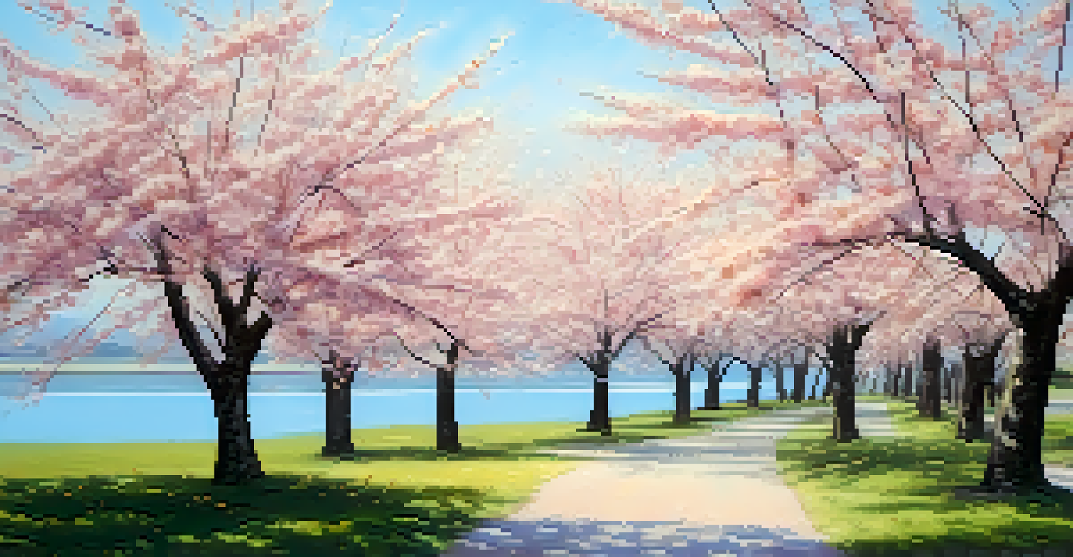 A picturesque view of flowering cherry trees with pink blossoms under a blue sky, conveying a serene and dreamy atmosphere.