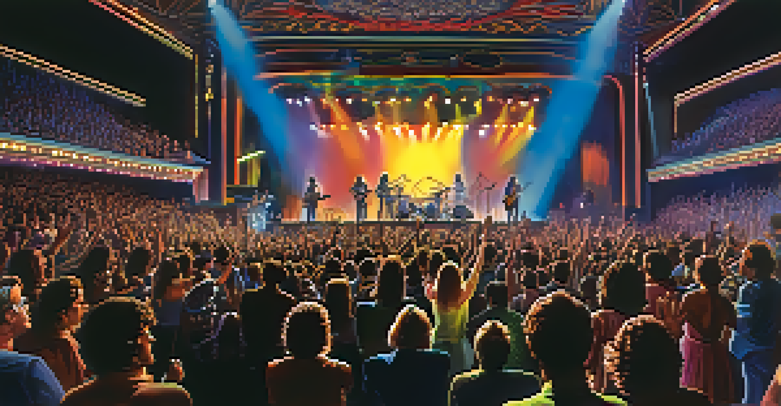 An energetic crowd at a 1970s music venue, with a band performing under psychedelic lights.