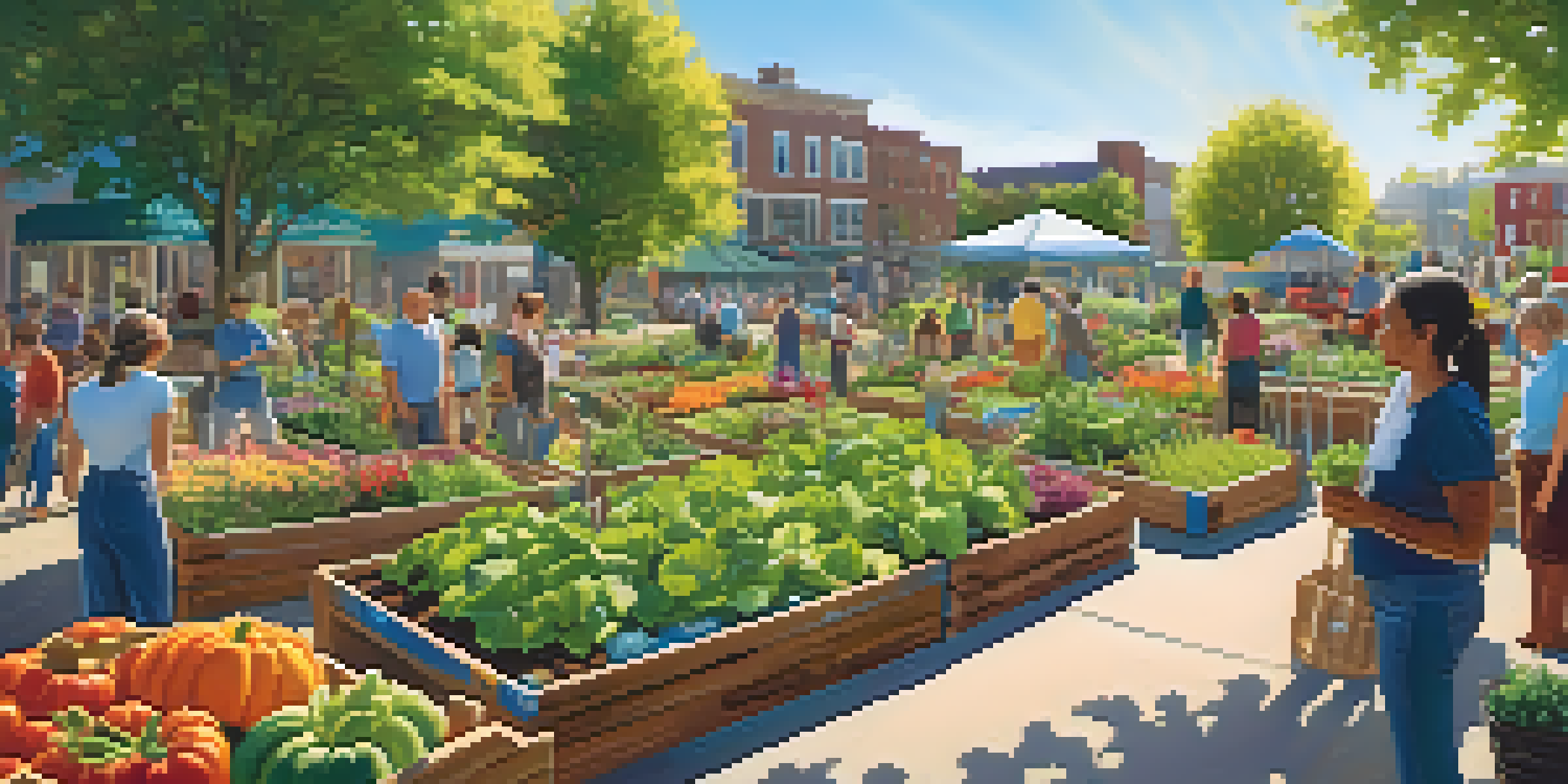 A lively community garden with people planting and tending to colorful vegetables and flowers in an urban area under a clear blue sky.